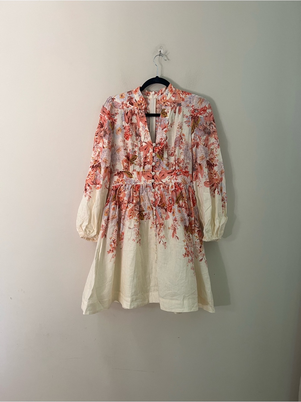 Zimmermann Pink and White Floral Puff-Sleeve Devi plunge Mini Dress - Picture 6 of 16